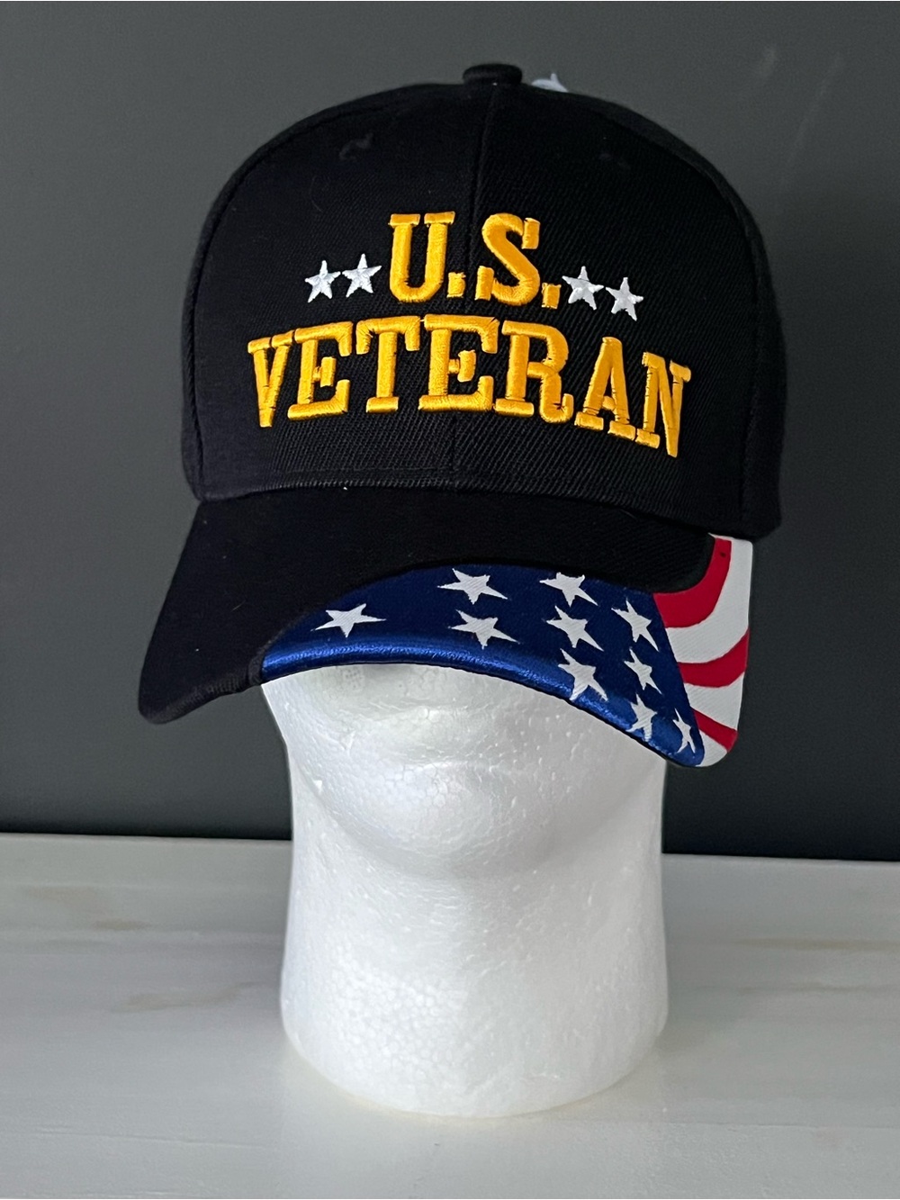 U.S. Veteran Embroidered Black Cap with American Flag Visor